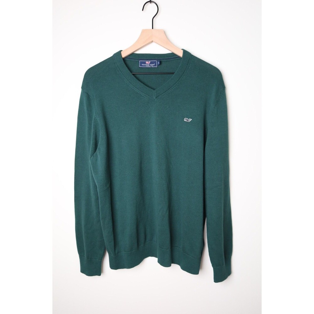 Vineyard Vines Men’s V-Neck Sweater Size Lg Green 100% Cotton Whale Logo